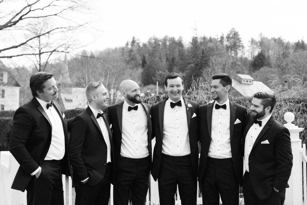Black and white photo of groom and groomsmen for Vermont wedding