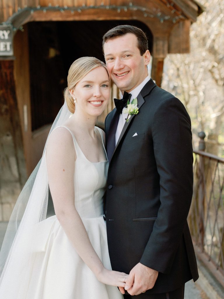 Bride and groom portrait for spring wedding at the Woodstock Inn in Vermont