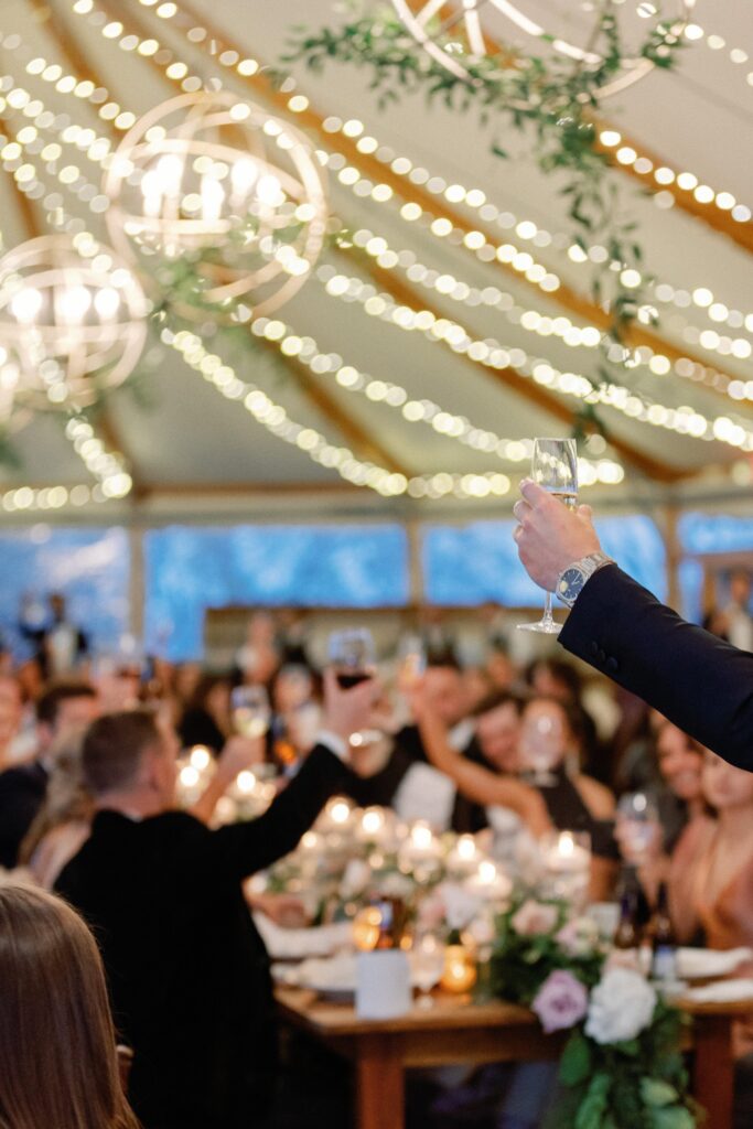 Guests cheersing at wedding reception at Castle Hill Inn