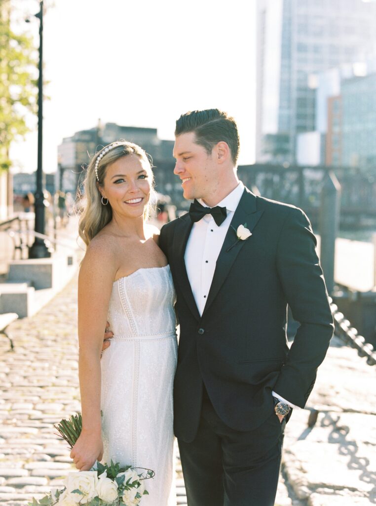 Bride and groom wedding portrait in the Boston's Seaport