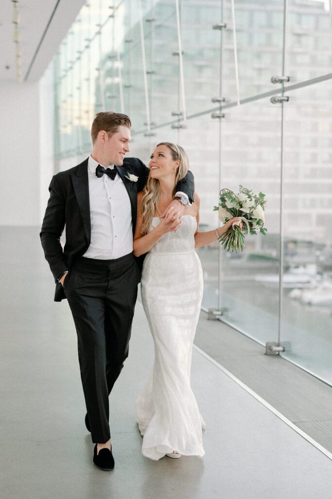Bride and groom at Boston's Institute of Contemporary Art 