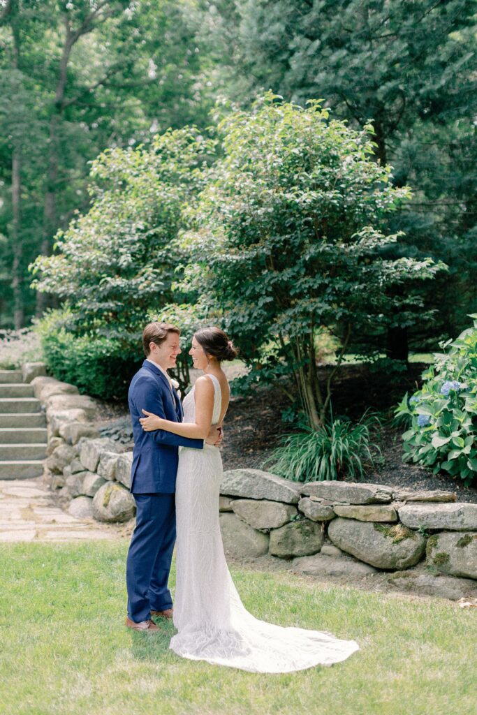 Bride and groom first look for Coastal New England Tented Wedding