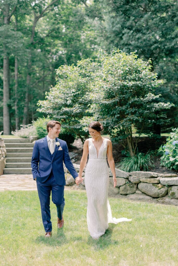 Bride and groom first look for Coastal New England Tented Wedding at family home
