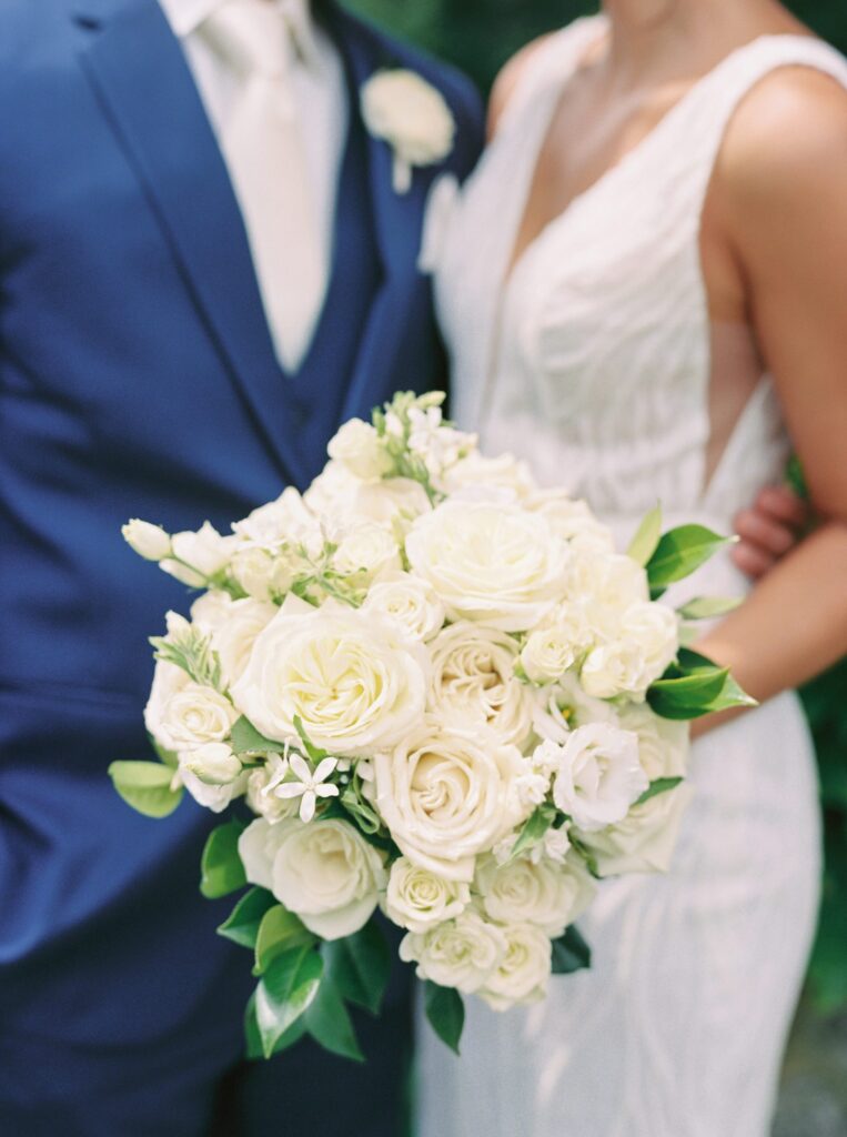 All white rose bridal bouquet for Coastal New England Tented Wedding