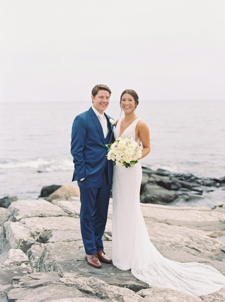 Bride and groom summer wedding day portraits on the coast of New Hampshire