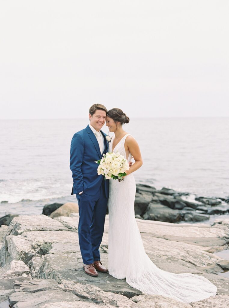 Bride and groom summer wedding day portraits on the coast of New Hampshire
