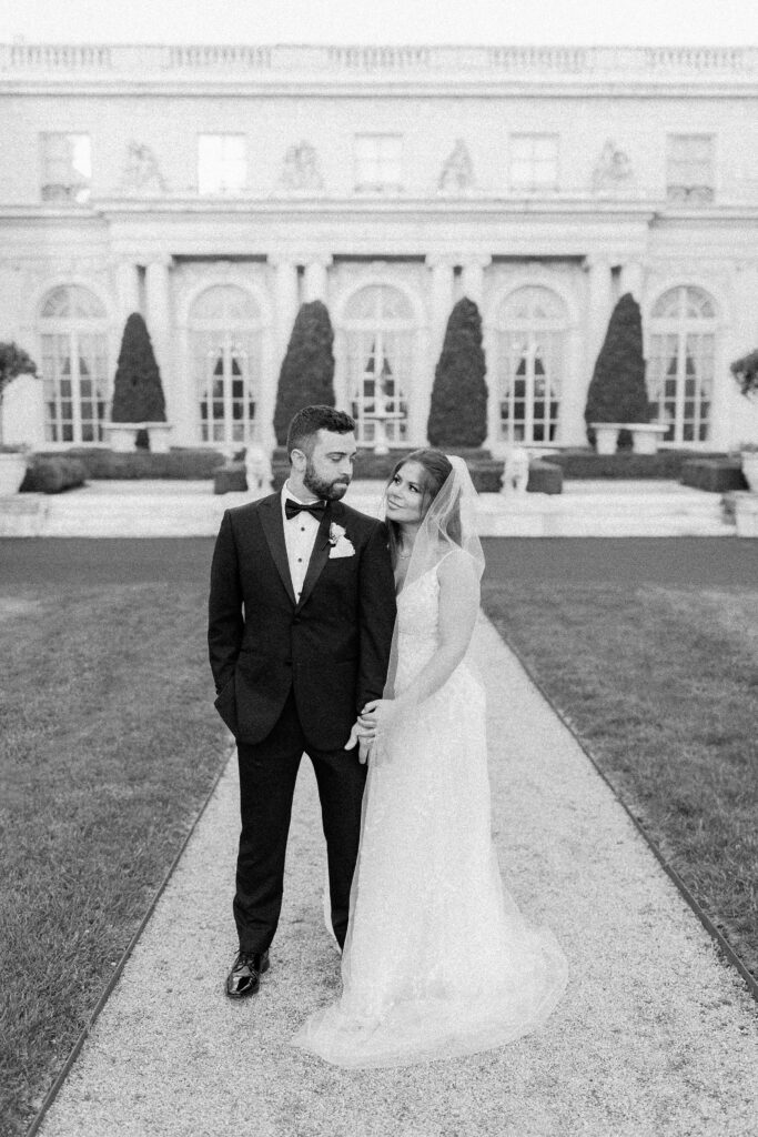 Bride and groom portraits at Rosecliff a Newport Mansion wedding