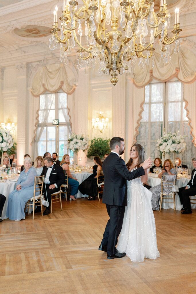 Bride and groom first dance during Newport wedding reception 