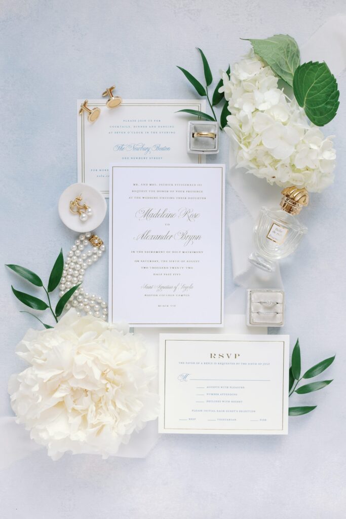 Invitation flat lay photography for wedding at The Newbury in Boston