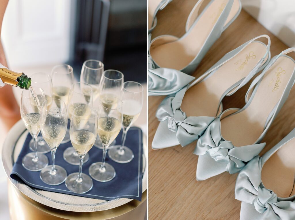 Getting ready details for bridesmaids with blue heels with a bow and champagne 