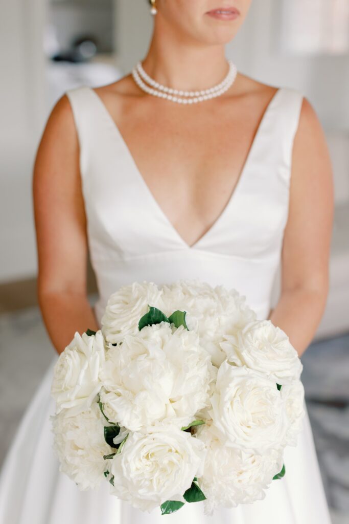 All white rose bridal bouquet for Boston summer wedding