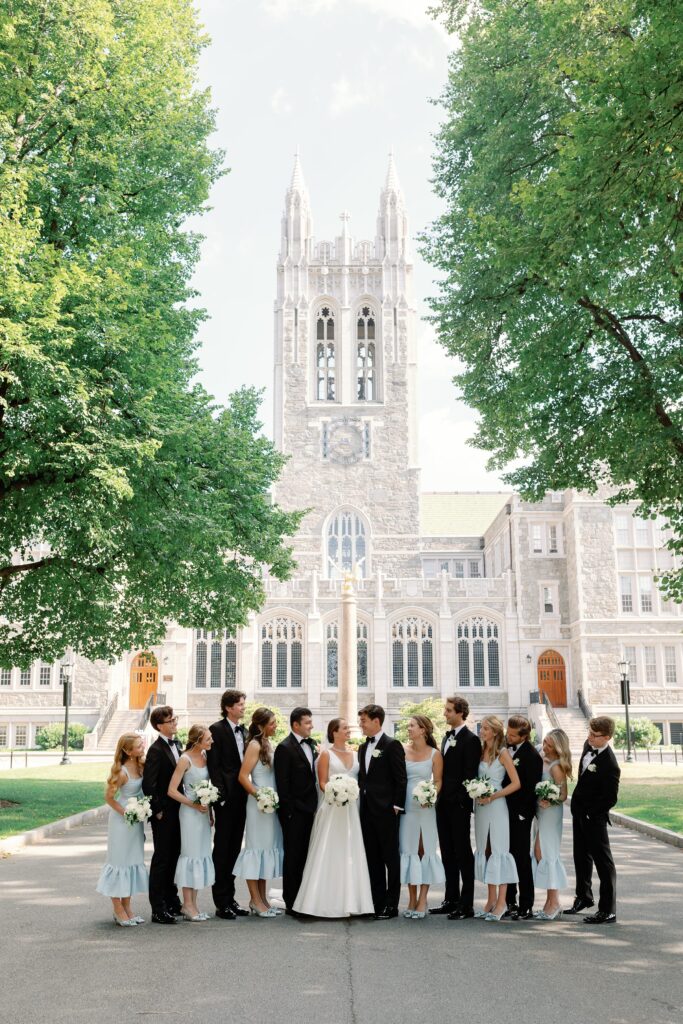 Wedding party taking portraits at Boston College 