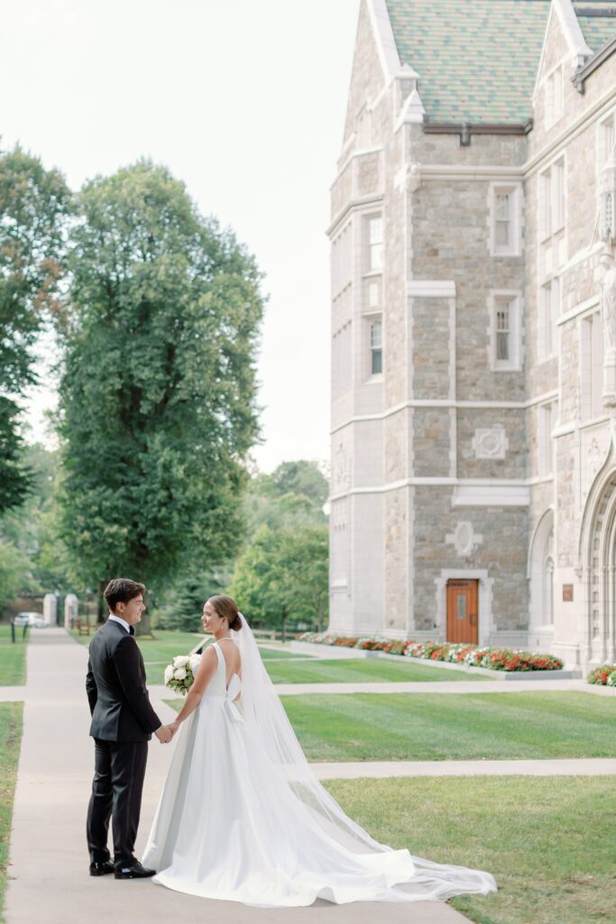 Bride and groom portraits at Boston College 