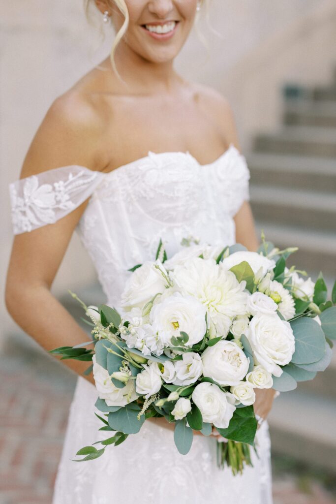 Bridal portrait with all white bridal bouquet for Crane Estate Fall Wedding