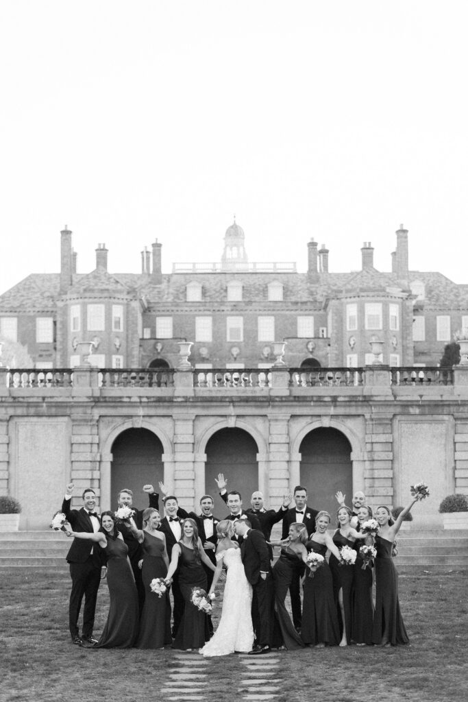 Bride and groom with wedding party portrait at Crane Estate in Ipswich 