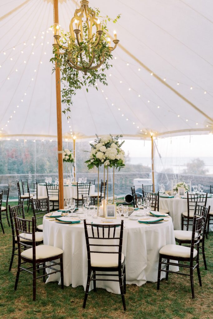 Tent decor for fall New England wedding at Crane Estate