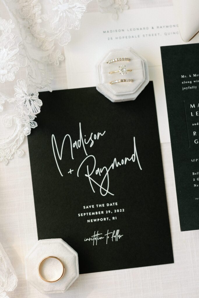 Modern black and white wedding invitation suite for Newport, RI wedding