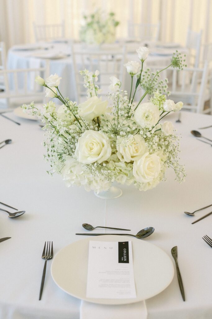 Table centerpiece floral arrangements for Belle Mer wedding reception 