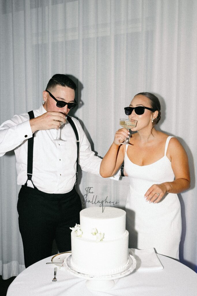 Modern direct flash photography of bride and groom during Belle Mer wedding reception 