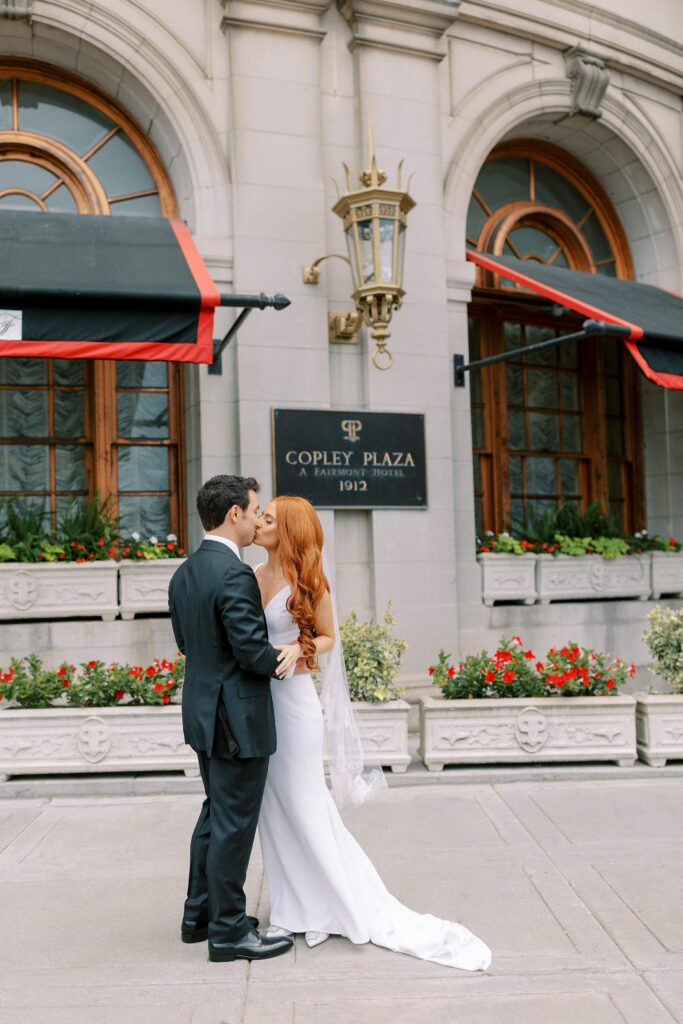 Bride and groom portraits outside of the Fairmont Copley Plaza