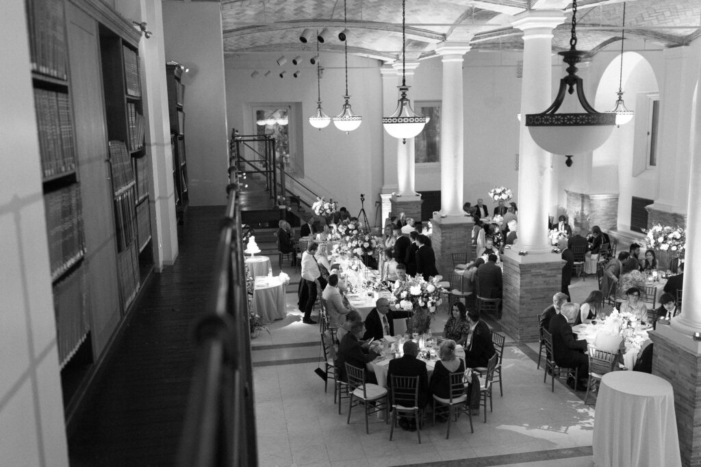 Black and white photo of Guastavino Room of the Boston Public Library wedding reception