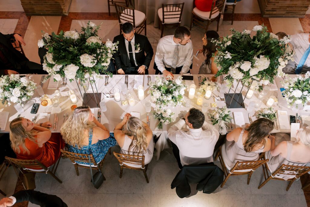 Overhead shot of guests seating at wedding reception at Boston Public Library wedding