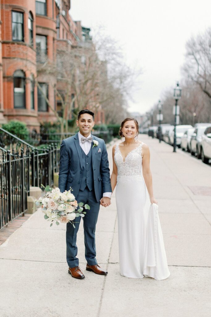 Bride and groom winter wedding portraits for Boston city wedding at The Lenox Hotel