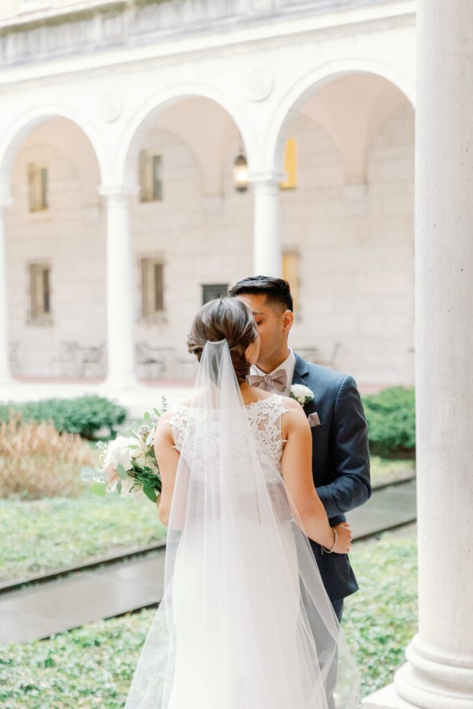 Bride and groom portraits at the Boston Public Library for Boston winter wedding