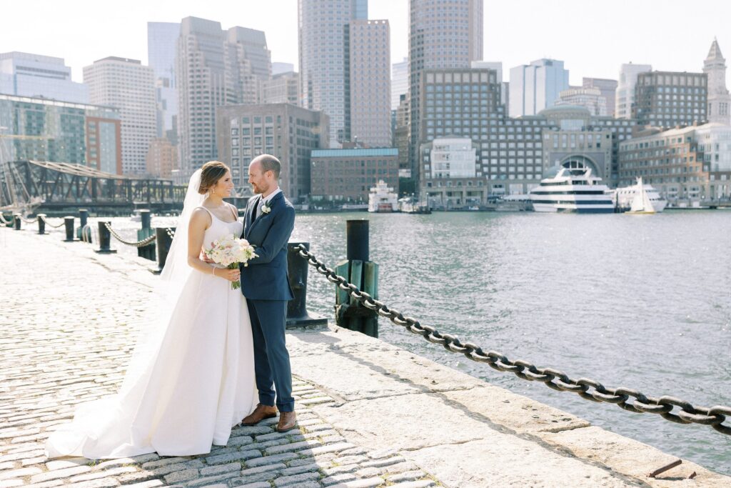 Bride and groom wedding day portrait for Boston Seaport wedding at The Exchange Conference Center 