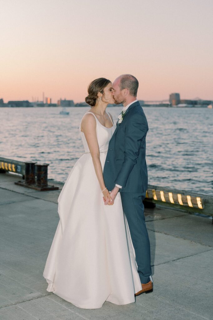 Sunset wedding day photos in Boston Seaport 
