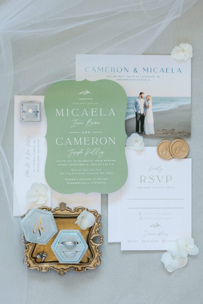 Flat lay invitation suite photography for summer wedding