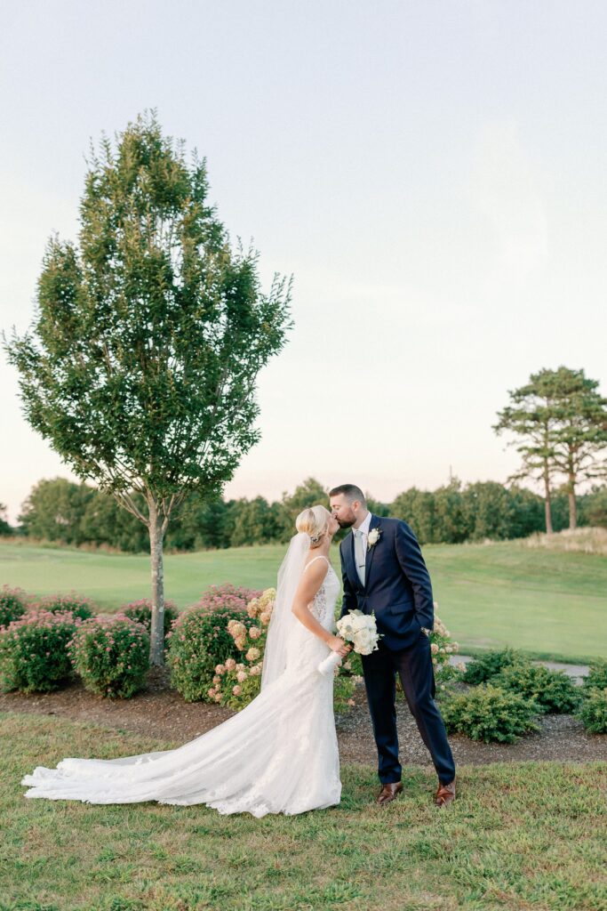 Bride and groom portrait for Plymouth Golf Club wedding at Waverly Oaks