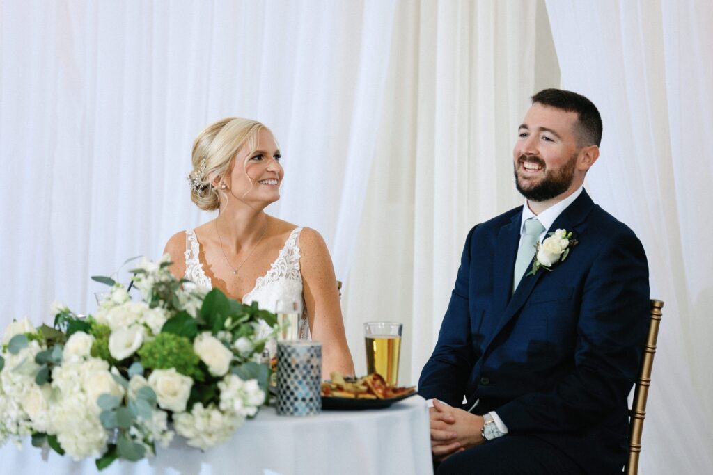 Bride and groom faces during wedding toasts