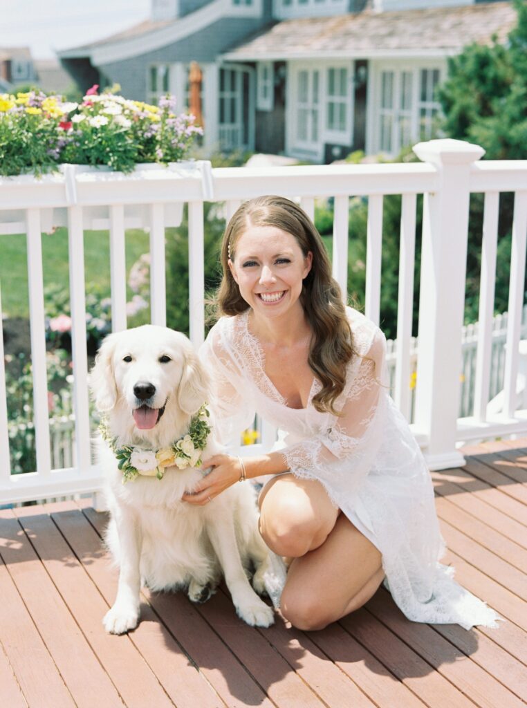 Bride and her dog portrait while getting ready for Cape Cod wedding