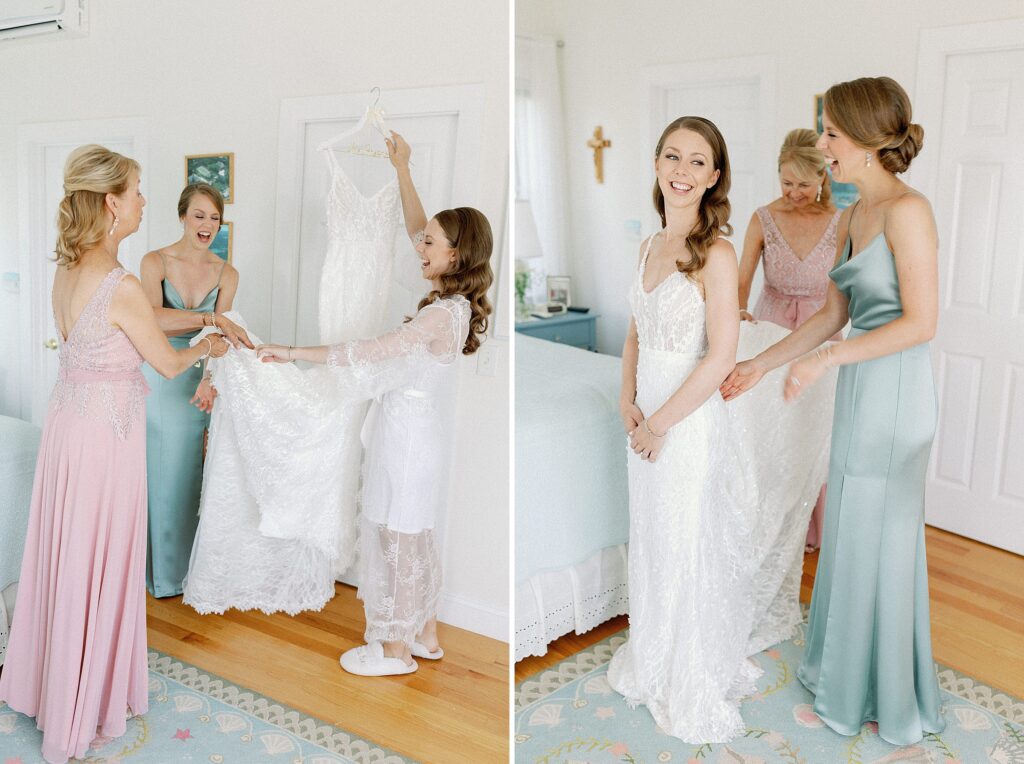 Bride getting ready with the help of her mom and maid of honor