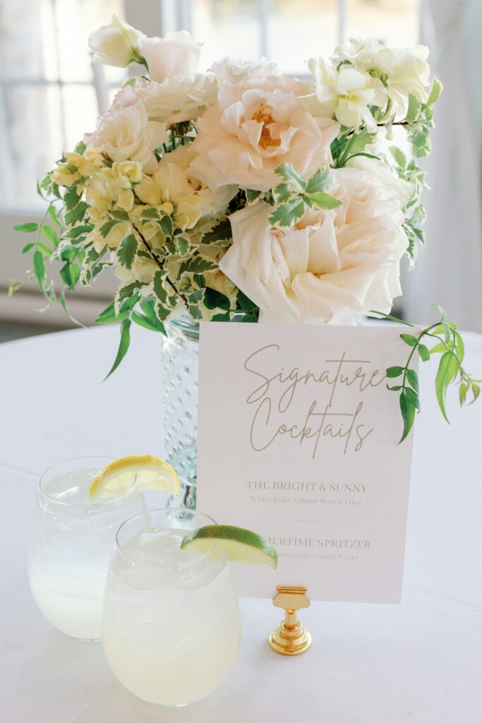 Signature cocktail sign at the Wychmere Beach Club summer wedding on Cape Cod