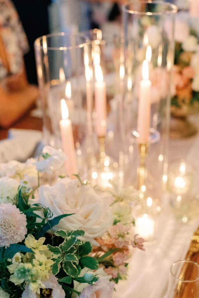 Reception decor with candles for summer wedding on Cape Cod