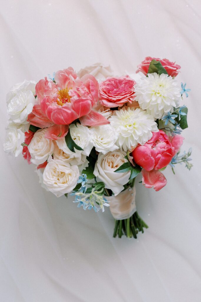 Colorful pink, white, and blue bridal bouquet for Back Bay wedding