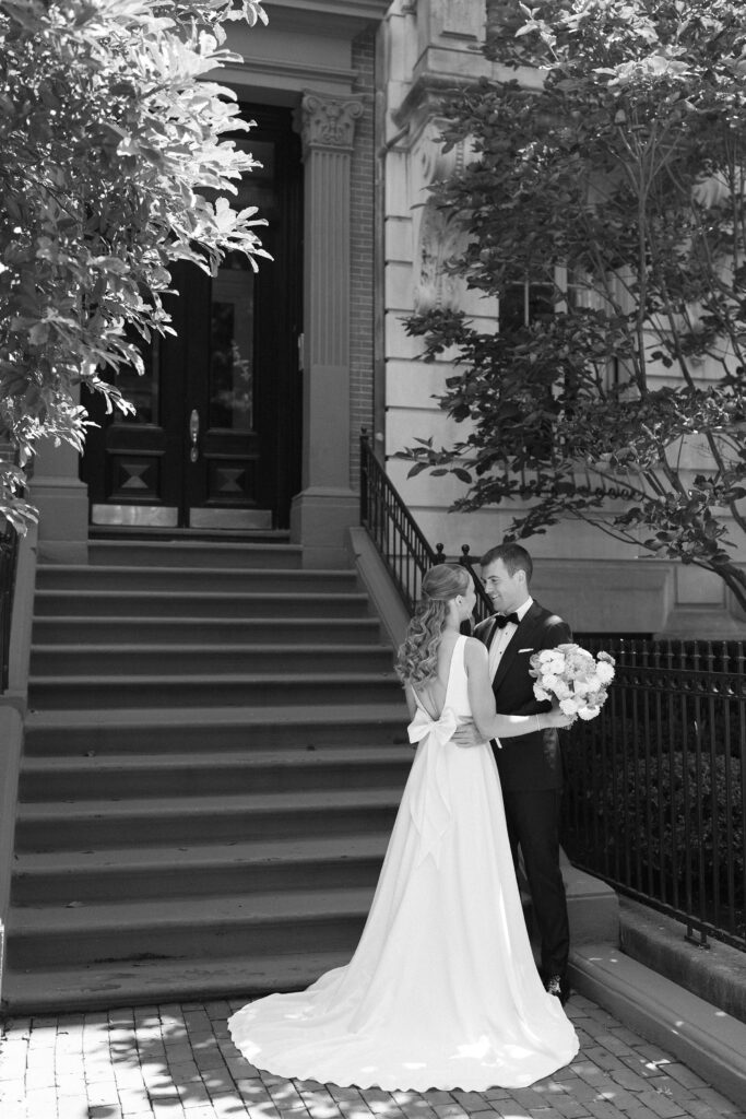 Black and white first look portrait in Boston's Back Bay