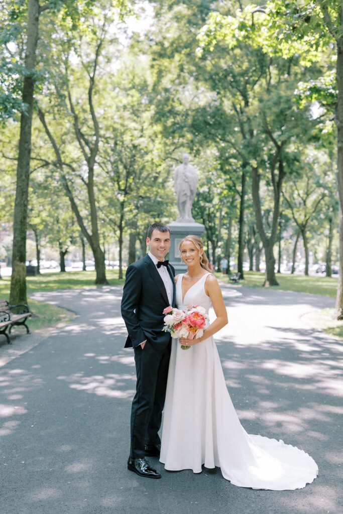 Bride and groom wedding portrait on Commonwealth Ave Mall before Back Bay wedding