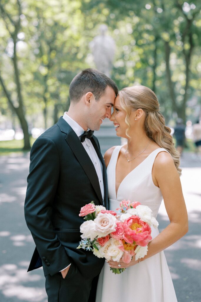 Close up bride and groom portrait before Back Bay wedding