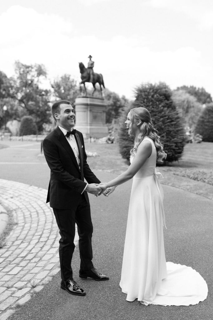 Black and white bride and groom portrait in Boston Public Garden