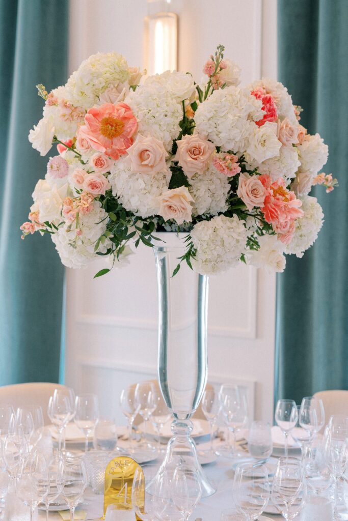 Reception floral tablescape at The Newbury Boston for Back Bay wedding