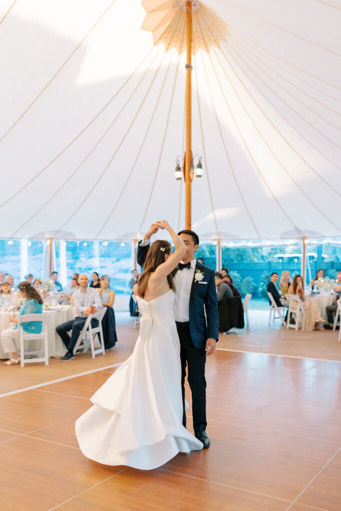 Bride and groom first dance at wedding reception 