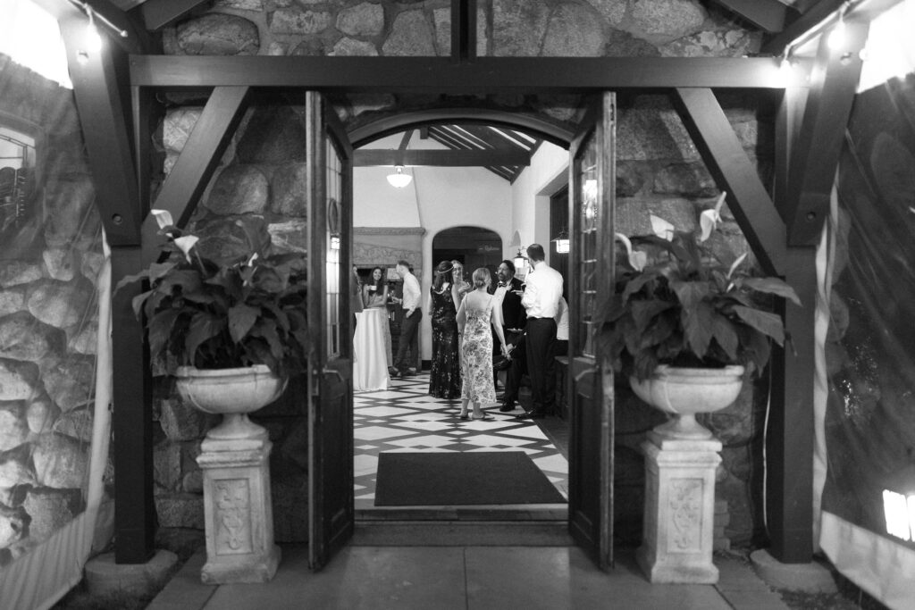 Black and white candid photo of reception at Willowdale Estate