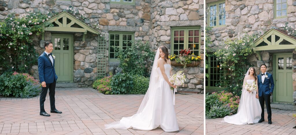 Bride and groom portraits for summer wedding in courtyard