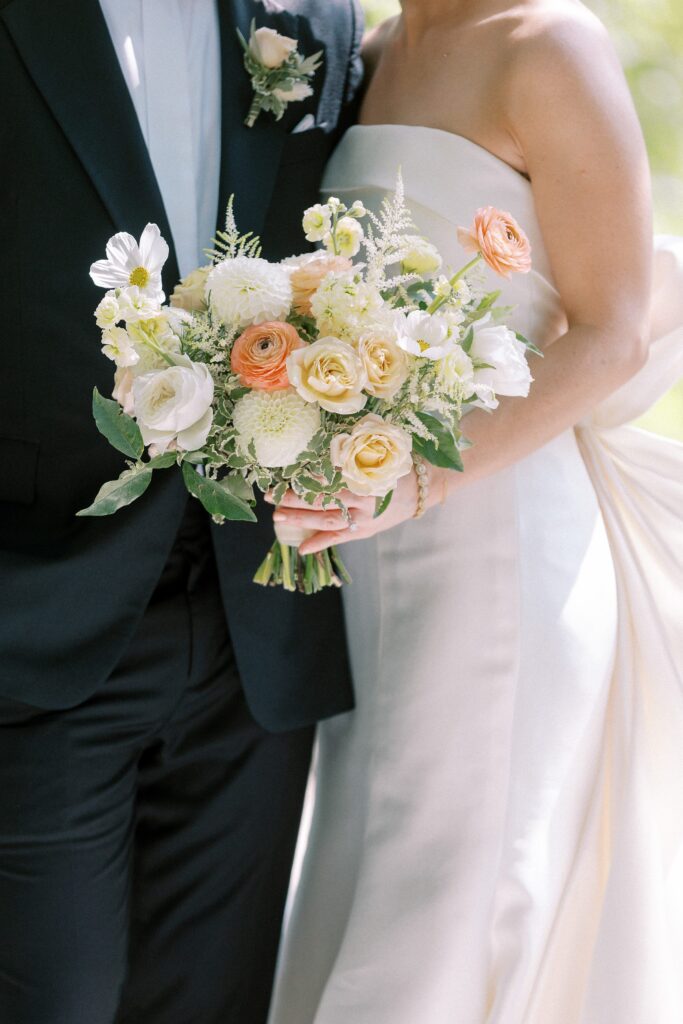 Summer garden inspired bridal bouquet with dahlias and peonies for North Shore wedding