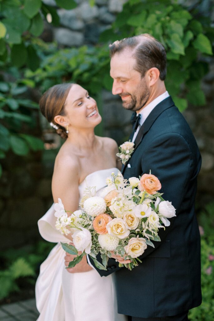 Bride and groom portrait for summer North Shore wedding at Willowdale Estate