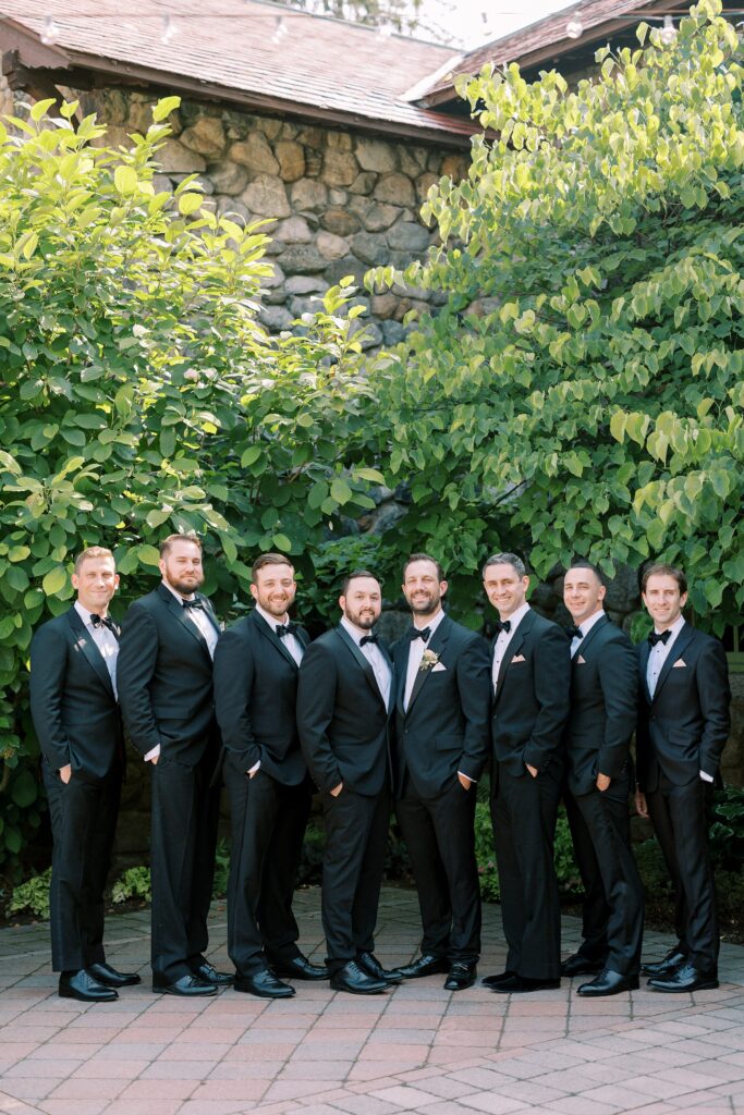 Groom and groomsmen portrait for summer North Shore wedding at Willowdale Estate