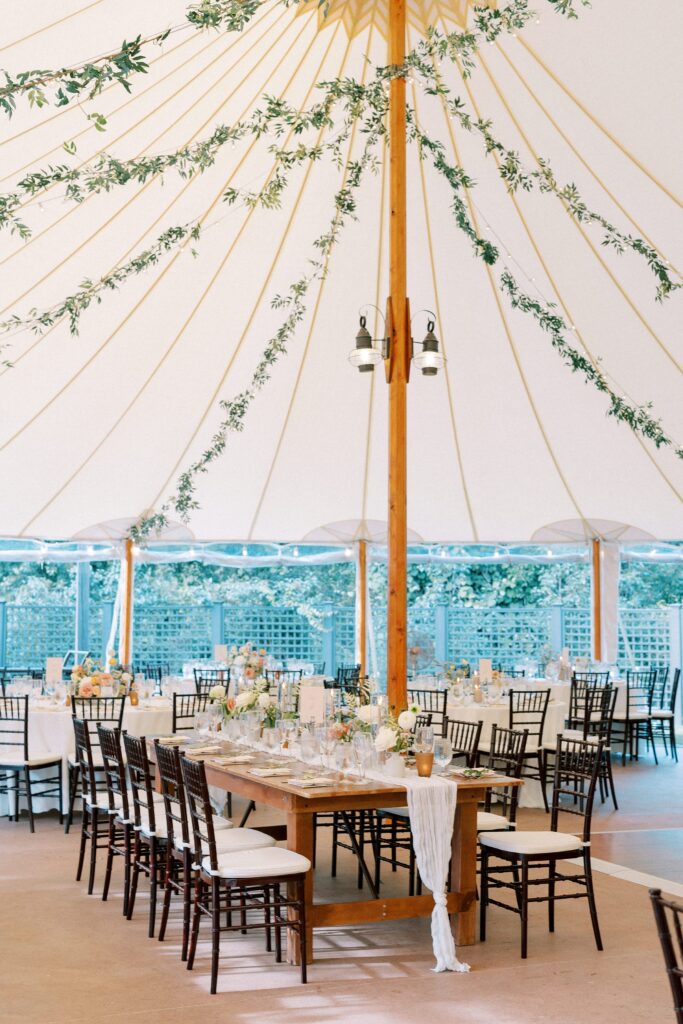 Outdoor tented wedding reception for Boston North Shore wedding at Willowdale Estate in sail cloth tent